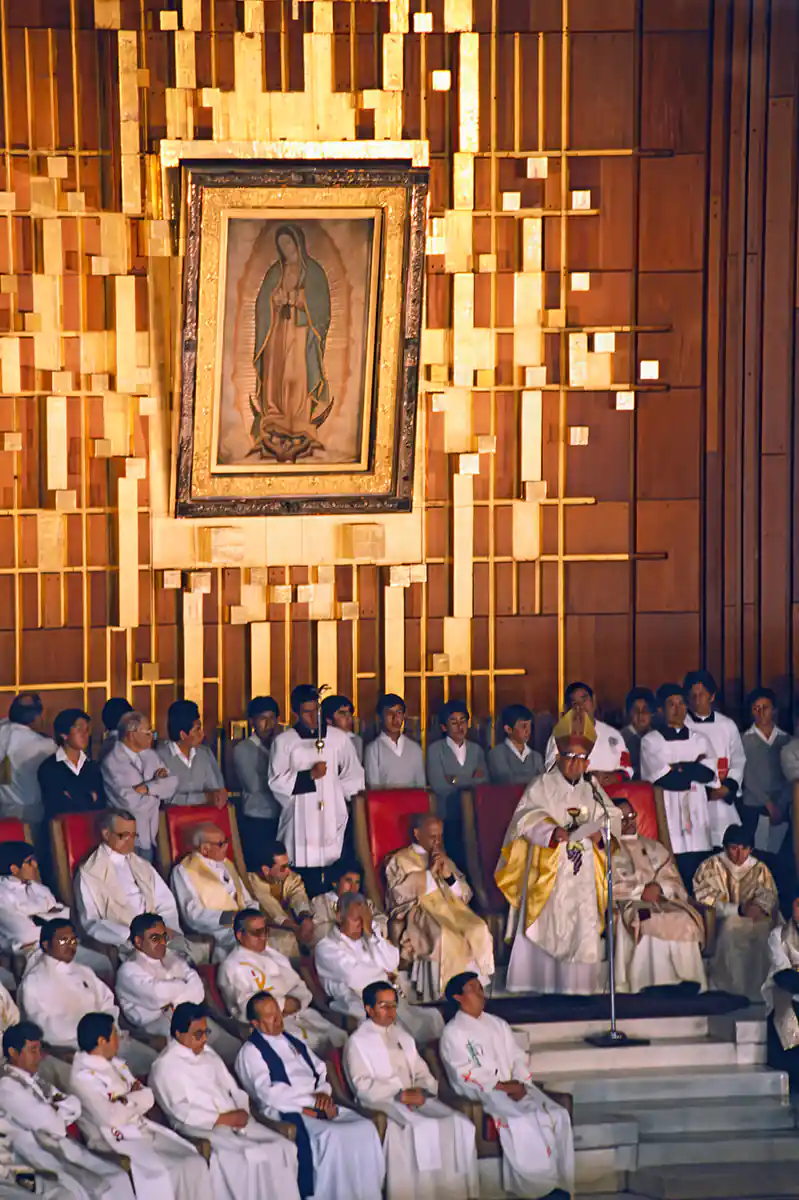 The miraculous image of Nuestra Senora de Guadalupe above the main altar in the basilica
